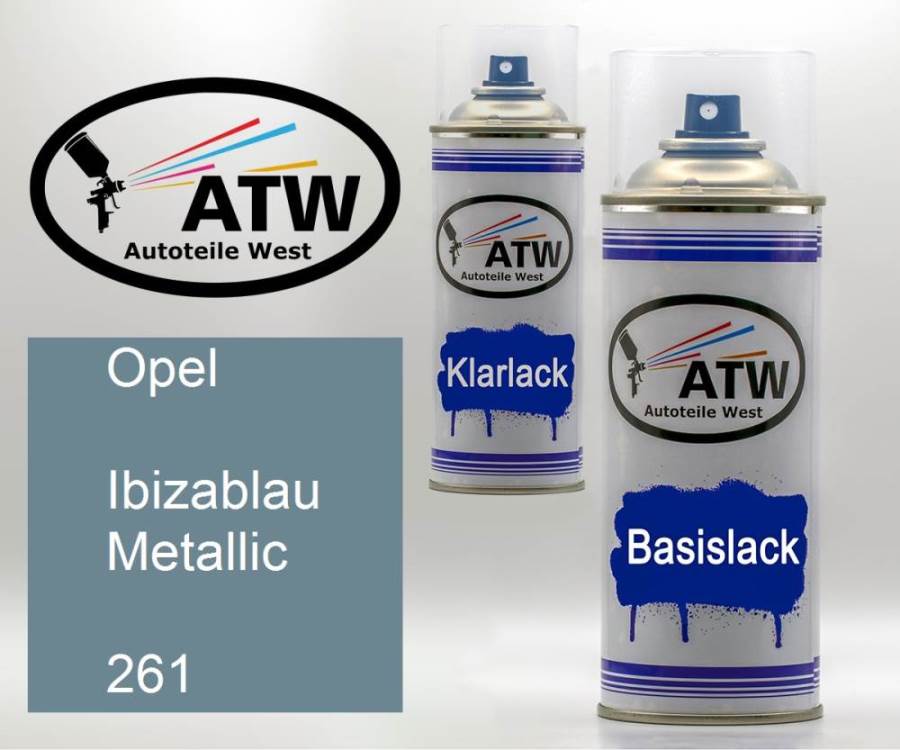 Opel, Ibizablau Metallic, 261: 400ml Sprühdose + 400ml Klarlack - Set, von ATW Autoteile West.